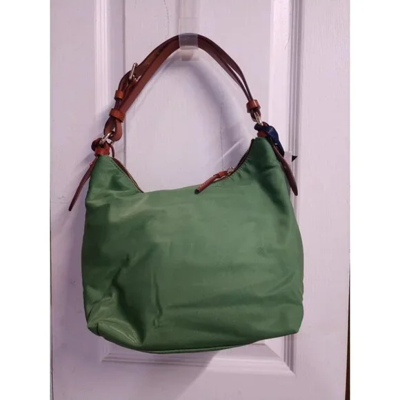 NWT Dooney & Bourke Green Nylon Hobo Shoulder Bag W/ Brown Leather Trim & Zipper